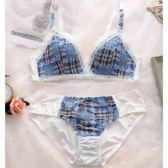 Women's Lace Bra Set No Steel Ring Underwear Bra Small Breasts Gather Traceless Plaid Bra