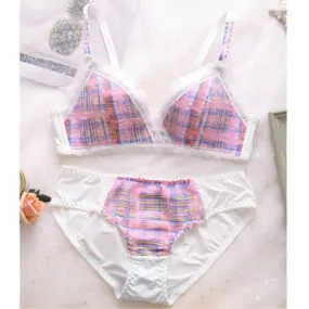 Women's Lace Bra Set No Steel Ring Underwear Bra Small Breasts Gather Traceless Plaid Bra