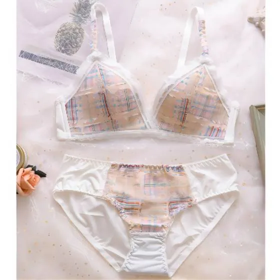 Women's Lace Bra Set No Steel Ring Underwear Bra Small Breasts Gather Traceless Plaid Bra