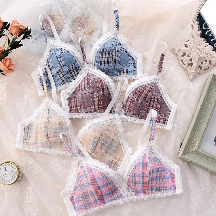 Women's Lace Bra Set No Steel Ring Underwear Bra Small Breasts Gather Traceless Plaid Bra